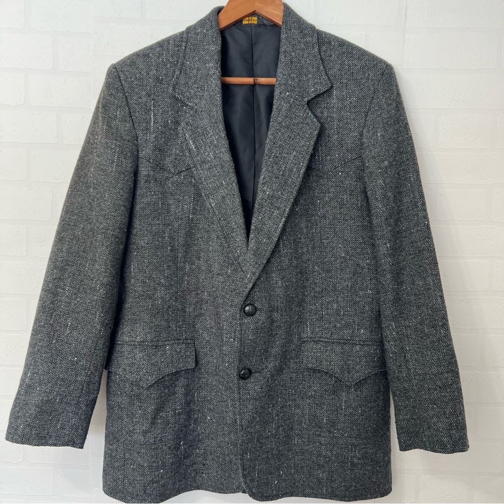 Vintage Pioneer Wear Western Rodeo Tweed Charcoal Men's Blazer Elbow Patches L
